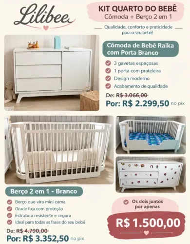 Kit Comoda com berço 2 em 1 Lilibee Raika