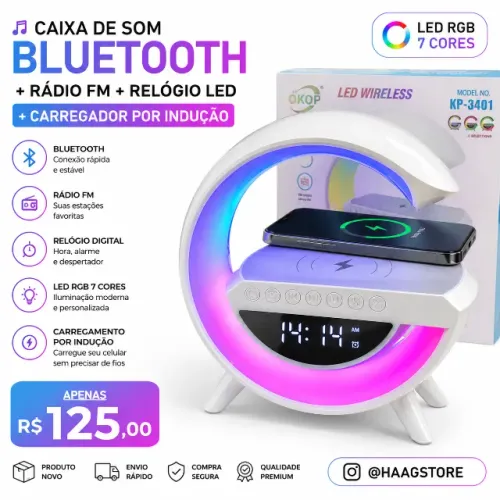 Caixa de Som Bluetooth + Relógio LED + Rádio FM + Carregador por Indução |LED RGB 7 Cor