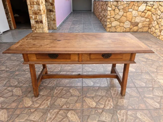 Mesa antiga estilo colonial Madeira maciça nobre com 2 gavetas 1,70x0,85