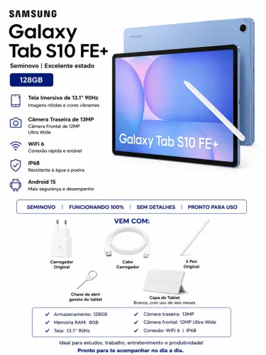 Tablet Samsung Galaxy Tab S10 FE+ WiFi, 128GB, 8GB, Tela 13.1" 90Hz, S Pen e Capa Inclusas