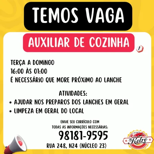 AUXILIAR DE COZINHA - CIDADE NOVA NÚCLEO 23