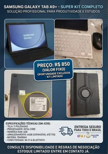 Samsung Galaxy Tab A9+ 64GB 4GB RAM + Kit Completo (Capa, Teclado, Mouse e Película)