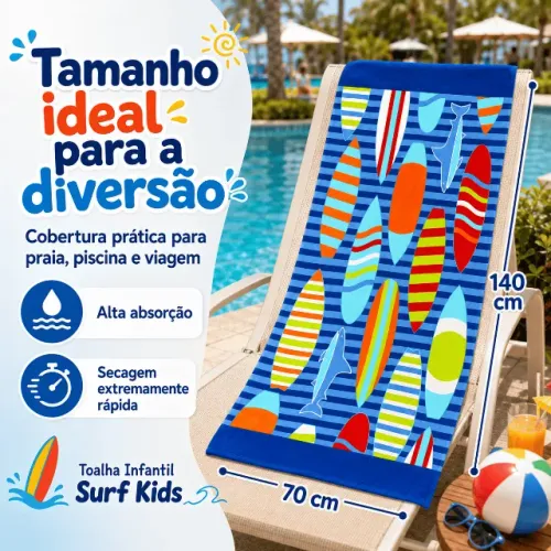 Toalha de Praia Infantil 70x140cm Surf Kids Super Absorvente Secagem Rápida Piscina e Viag