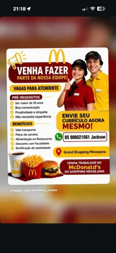 VAGA DE EMPREGO - MC DONALD?S