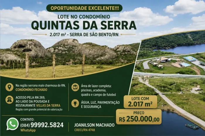 LOTE NO CONDOMÍNIO QUINTAS DA SERRA - 2.017,29 m² - SERRA DE SÃO BENTO