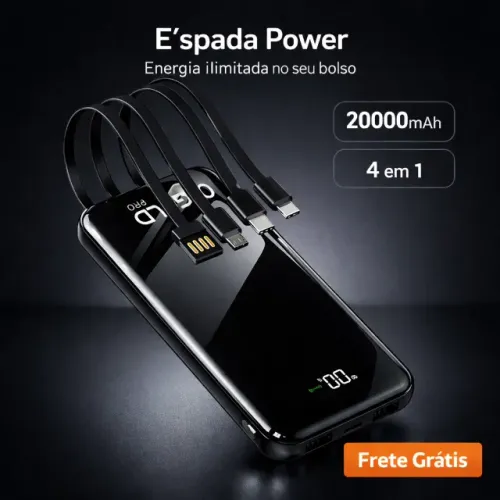 Carregador Portátil de 20000mAh com tecnologia 4 em 1 (cabos integrados) e indução sem fio
