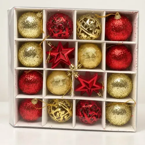 Kit 16 Enfeites para Árvore de Natal Vermelho e Dourado