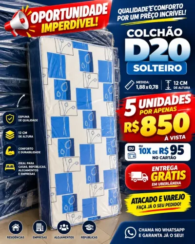 5 Colchões D20 Solteiro 1,88x0,78 Por R$850