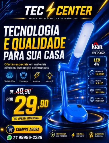 Luminária de Mesa Led Pelicano 4W Azul 6.500K Branca Fria Bivolt Kian