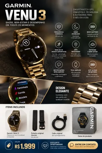Relógio Smartwatch Garmin Venu 3 Preto 45mm Gps