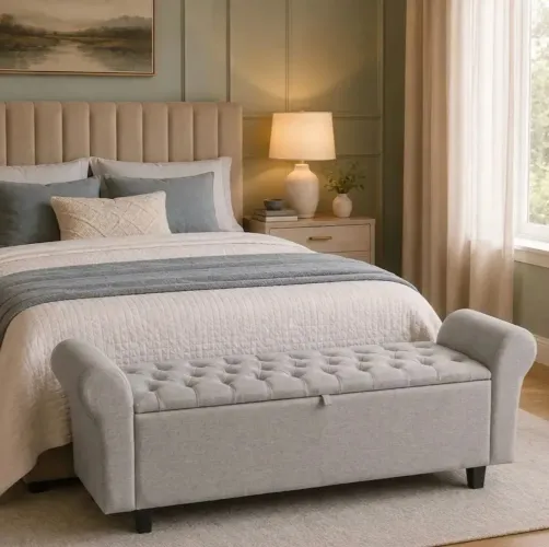 Baú Recamier Sapateira Paris Queen de Linho Premium com Capitonê para Quarto
