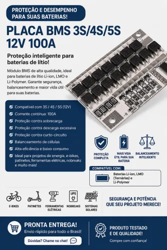 Placa BMS 3S/4S/5S 12V 100A - Proteção e Balanceamento para Baterias de Lítio