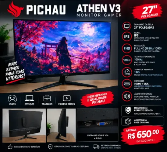 Monitor Gamer Pichau Athen V3 27 Polegadas Full HD 100Hz