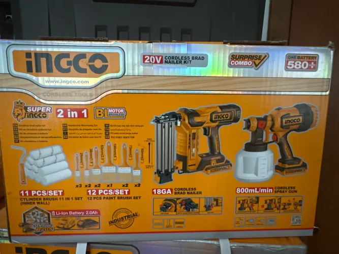 Kit INGCO 2 em 1 referência OSLI250601 que inclui um pinador 18GA e uma pistola de pintura