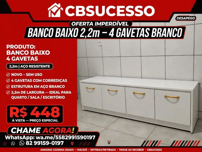 Banco Baixo 2,2m 4 Gavetas Branco - Novo Sem Uso - R$448 - Maceió