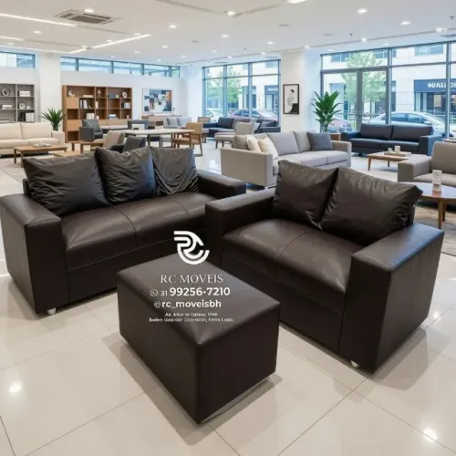 Conjunto Sofá 3 e 2 Lugares Puff Courino Marrom Claro D33 Aconchegante
