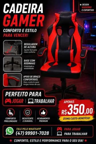 Cadeira Gamer NOVA- Otello Giratória,regula altura e com almofadas- Preta e vermelha