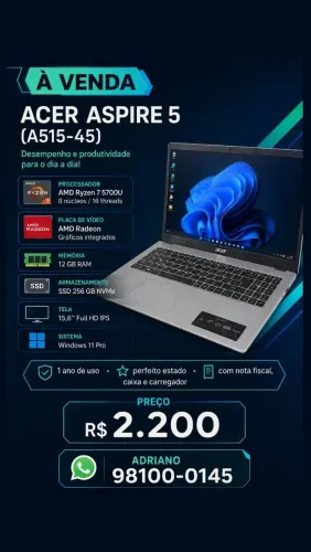 Acer Aspire 5 Ryzen 7 | 12GB RAM | SSD 256GB NVMe | Full HD