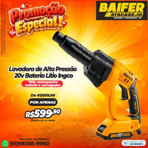 Lavadora de Alta Pressão 20v Bateria Lítio Ingco