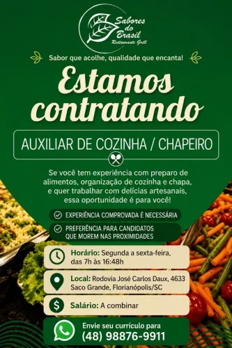 Vaga de auxiliar de cozinha/chapeiro