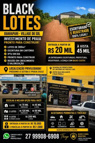 LOTE EM GUARAPARI, Entrada a partir de R$ 10 mil,  trocas<br>Lote no Village, com escritura