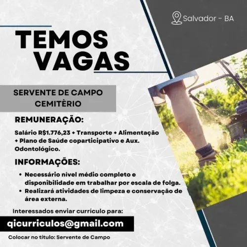  VAGA DE EMPREGO - SERVENTE DE CAMPO DE CEMITÉRIO