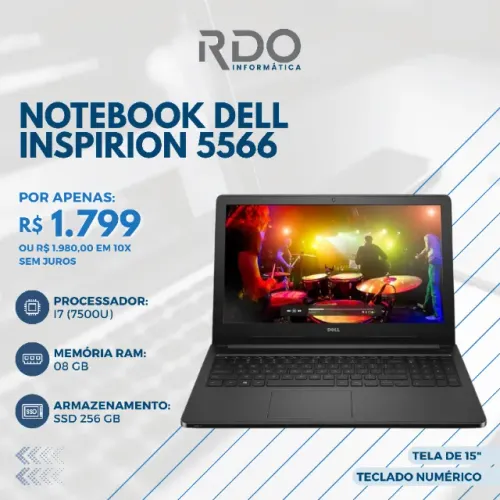 Notebook Dell i7, 8GB RAM, SSD 256GB. Rápido e potente! Garanta já o seu!