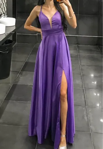 Vestido roxo de seda, longo, de festa, com fenda na perna!