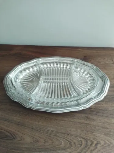 Petisqueira de vidro com bandeja em inox- Anos 1980