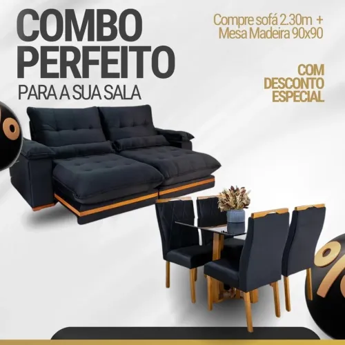 Sofá Retrátil Molas Ensacadas  2.30m Veludo + Mesa 4 Cadeiras em Madeira OFERTA rf644