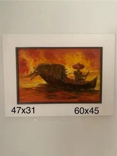 2 Quadros Pintura Artística - Cena Barco e Mulher