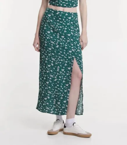 Saia Midi Verde Estampada com Fenda Renner
