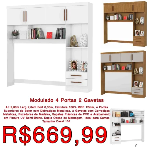 Roupeiro Modulado 4 Portas 2 Gavetas - Pronta Entrega