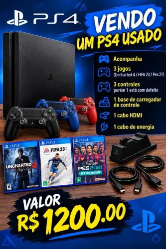 Vendo console ps4 usado com todos os cabos 3 controles e uma base de carregamento 