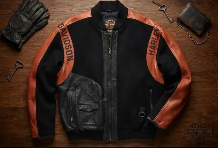 Jaqueta Harley Davidson preta e laranja, couro com tecido, tamanho XL