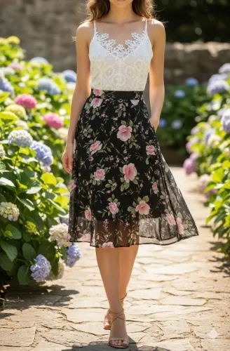 Vestido com blusa de renda e saia estampada tam g