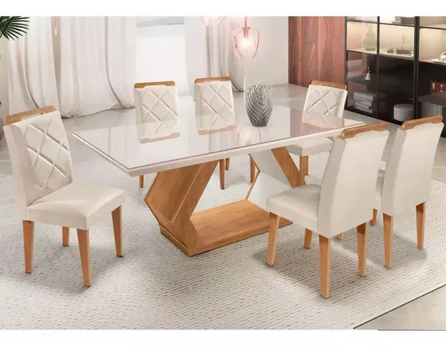 Mesa Alvorada 180 Tp Mdf Vidro Canto Reto 6 Cadeiras Rufato E Imbuia E Off Serig Off