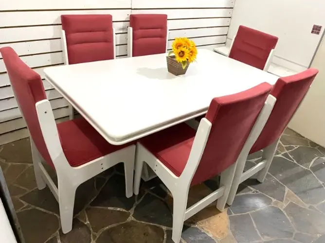 Mesa tampo branco 1,60x90 c/6 cadeiras suede