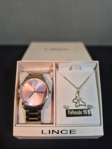 Kit Relógio Lince Feminino Dourado + Colar Borboleta Folheado a Ouro 18K