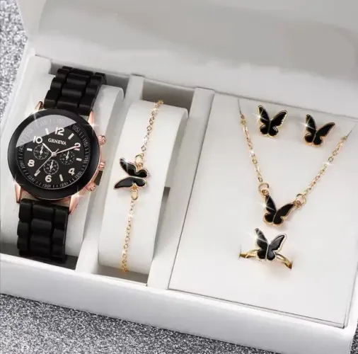 Relógio De Quartzo Geneva Luxo Com Pulseira Colar Brincos de Borboleta Ideal Todas Idades
