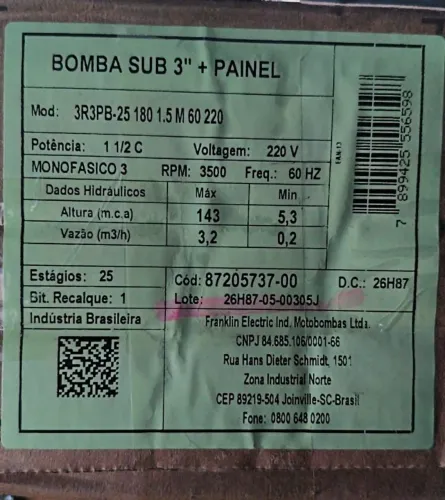 Bomba Submersa 3 - Ideal para poço artesiano