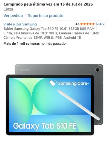 Vendo Samsung Galaxy Tab S10 FE 10.9? 128GB + 8GB RAM com S Pen - Novo/Impecável