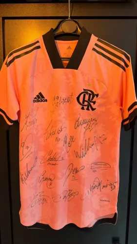 Camisa Flamengo campanha Outubro Rosa 2020, Condivo 20 Adidas, autografada pelos titulares