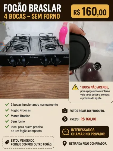 Fogão 4 bocas sem forno, com apenas 3 bocas funcionando.