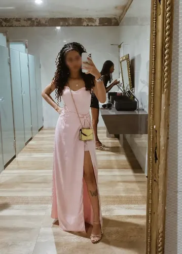 Vestido Longo Rosa Cetim com Fenda