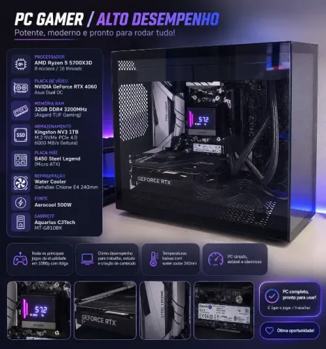 PC Gamer Ryzen 7 5700X3D + RTX 4060 DUAL OC ASUS + 32GB RAM