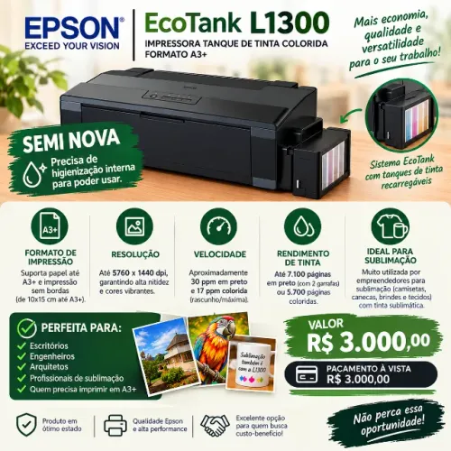 Impressora Epson EcoTank L1300, tanque de tinta colorida no formato até A3.
