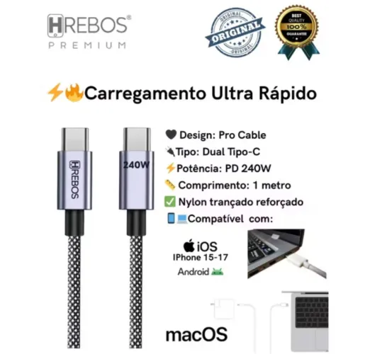 Cabo USB-C para USB-C Hrebos Premium - 240W | 1 Metro