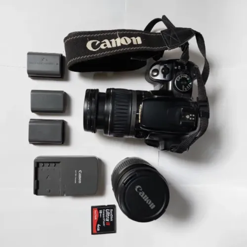 Kit Câmera Canon Rebel XTi+lente 18-55mm+lente 28-80mm+carregador+3 baterias+cartão