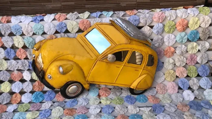 Quadro Carro 3d Para Parede Em Metal Espelhado Amarelo Vintage Retro